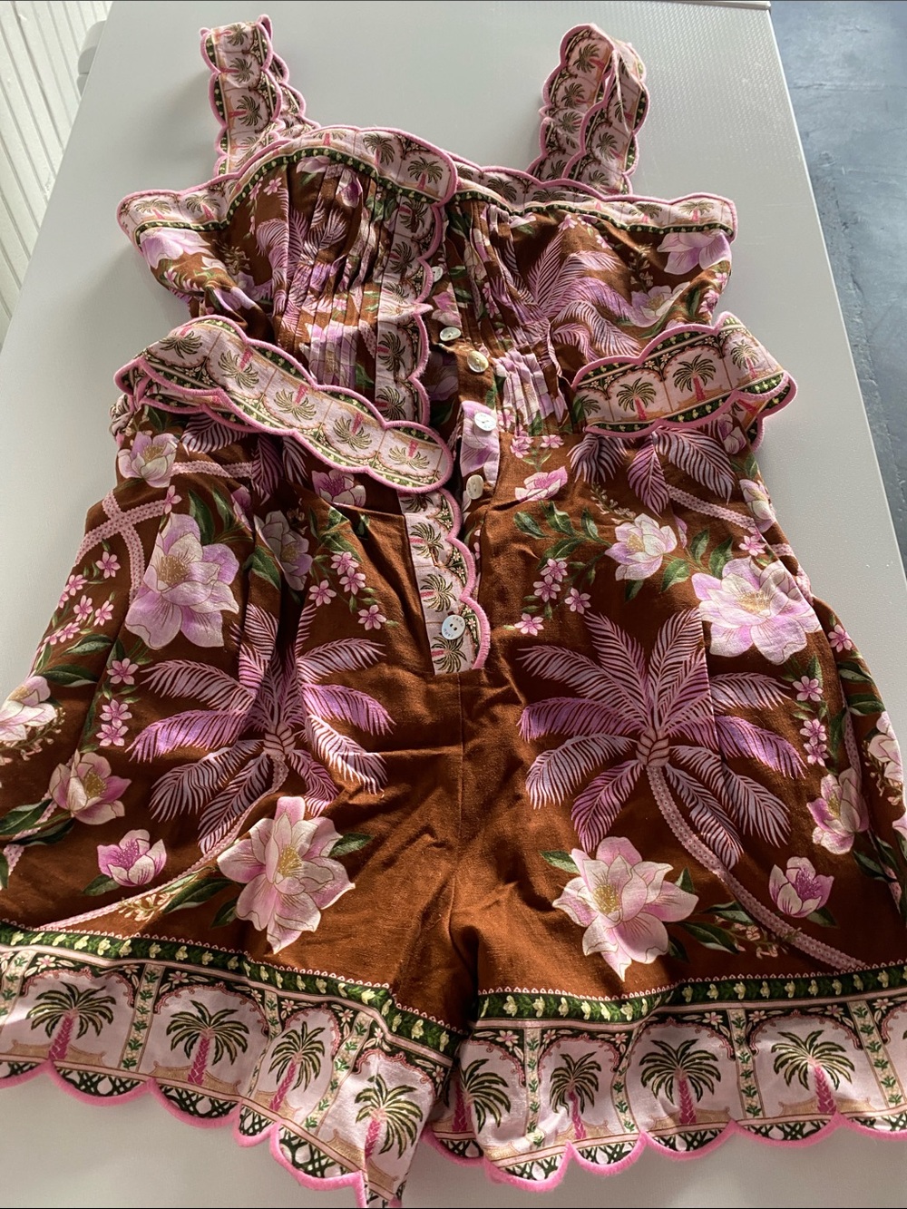 Farm Rio Pink Floral Palm-Print Romper - Brown & Pink. Size medium. NWT.